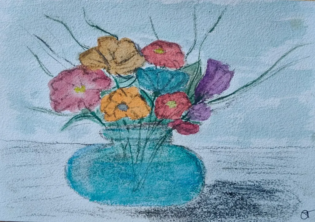 Flowers in vase watercolor and charcoal